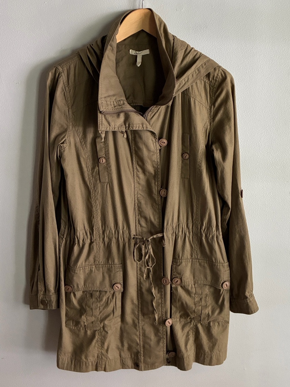 Mystree Olive Green Utility Jacket Hooded Drawstring Anorak Safari Small